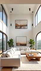 Fototapeta premium Interior Design: A Modern Living Room with White Walls and Arched Windows.
