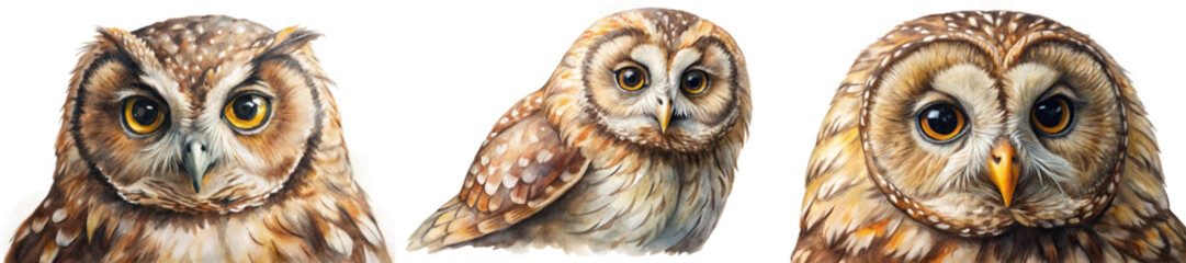 Realistic owl illustrations, detailed feathers, expressive eyes, wildlife art, nature depiction, animal portraits.