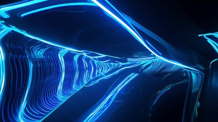 Tracking video through a corridor of pulsating electric blue neon curves stretching into infinity, creating subtle echoes and distortions