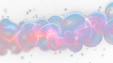 a bunch of pink and blue bubbles floating in the air