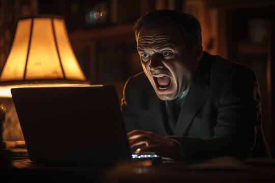 Middle aged man screaming at laptop in warm lighting at nighttime, expressing anger and fear