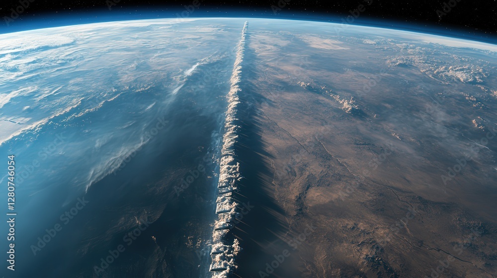 Poster advanced space elevator stretching from the earth's surface to orbit, capturing its vast scale