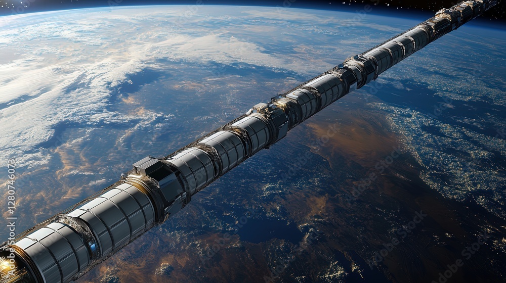 Poster advanced space elevator stretching from the earth's surface to orbit, capturing its vast scale