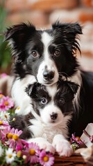 Border Collie dog mother and puppy with flowers warm family love
