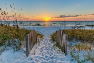 Serene Sunset Over Beach Path with Lush Grass and Gentle Waves