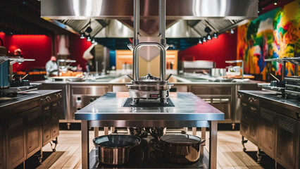 A Modern Professional Kitchen in a Restaurant Featuring a Metal Table at the Center Is Surrounded by Catering Equipment