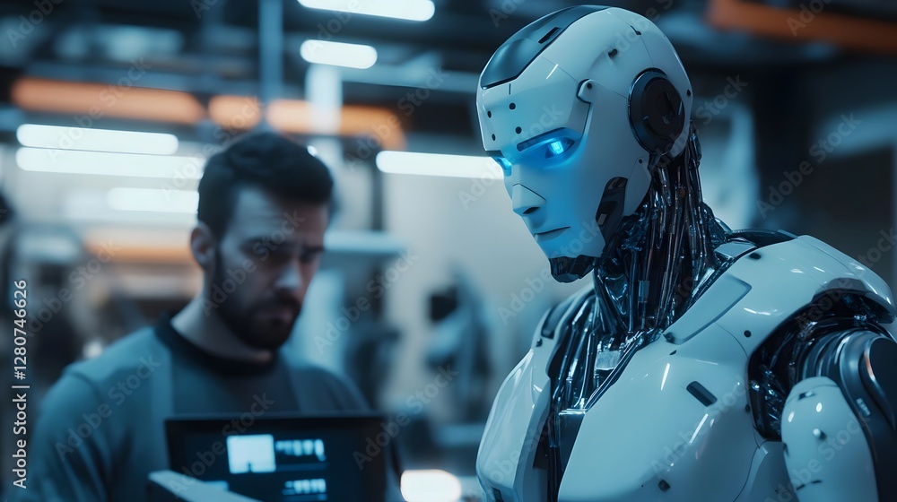 Poster a human engineer collaborates with an advanced humanoid robot in a futuristic workshop setting
