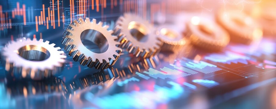 Machinery gears on digital financial chart overlay with futuristic technology background