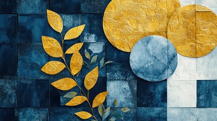 Abstract Gold Leaf Branch and Circles on Textured Blue Background: Modern Art Illustration
