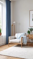 A light-colored living room featuring a rug and chair.