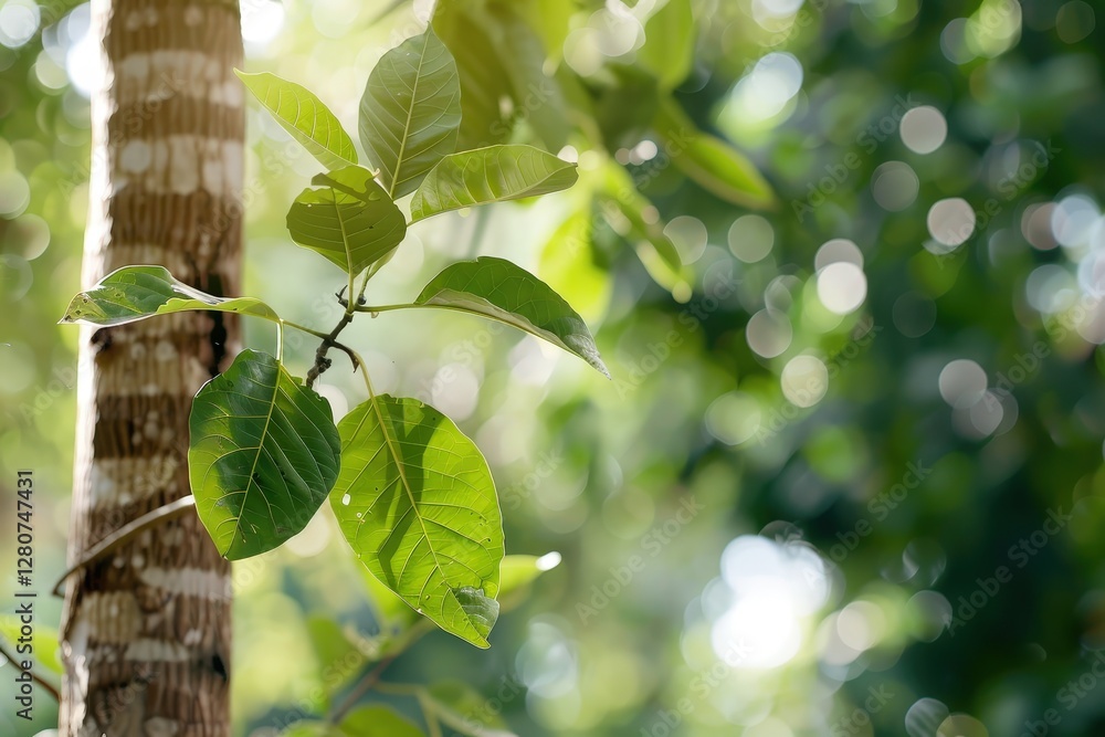 Poster lush green leaves on tree trunk with soft bokeh background in tranquil forest environment