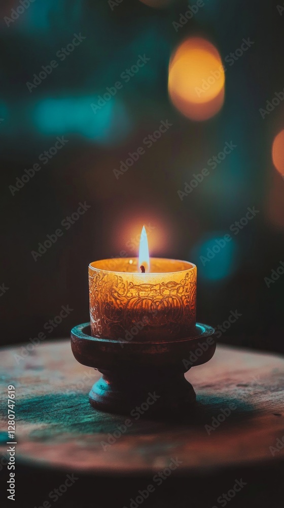 Poster in a serene atmosphere, a single candle emits a warm glow, illuminating its surroundings with a soft