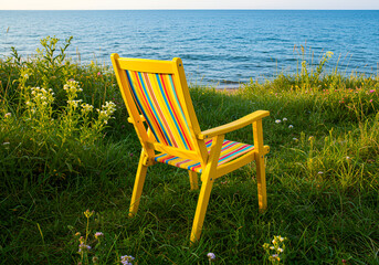 Bright yellow chair with multicolored stripes stands near blue sea. Relaxing summer atmosphere with wildflowers and grass, scenic coastal setting