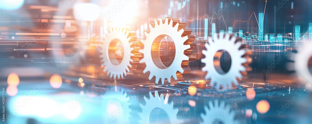 Poster industrial technology gears in motion with digital data overlay