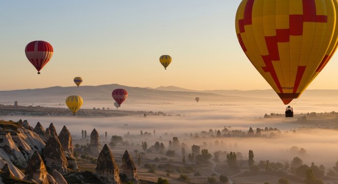 Hot air balloons soaring over a misty valley at sunrise creating a magical scene