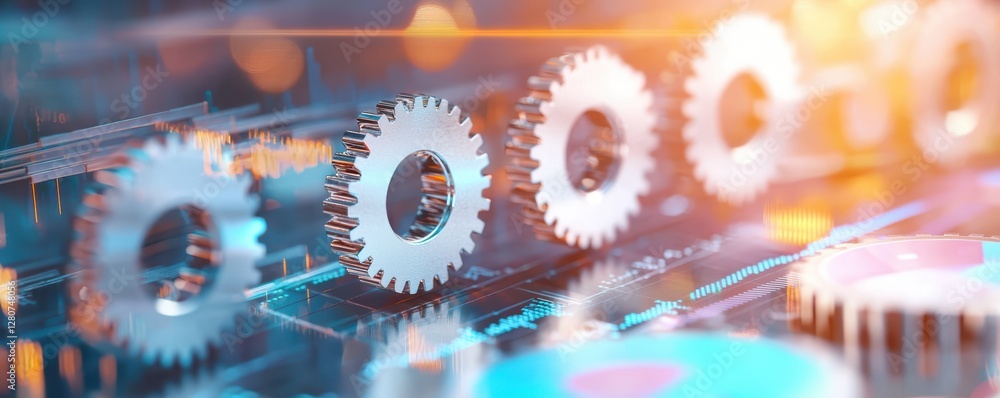 Aufkleber digital innovation and industrial automation with metallic gears and data visualization