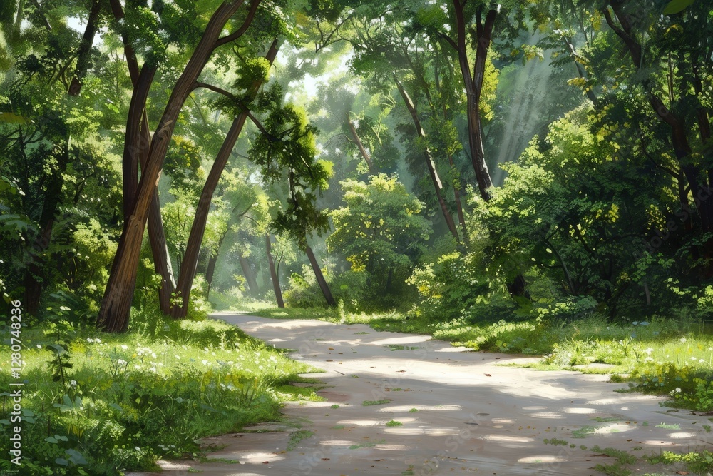 Aufkleber Serene Pathway Through Lush Green Forest with Sunlight Filtering Through Trees and Soft Shadows on the Ground