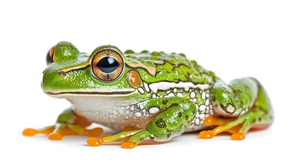 Fototapeta premium Green frog posing, white background, nature