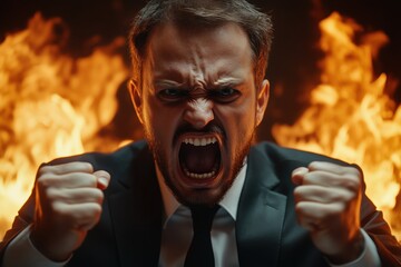 A businessman in a black suit expresses intense frustration, shouting with clenched fists against a backdrop of roaring flames. The fiery setting adds an intense atmosphere to the scene