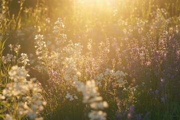 Fototapeta premium Beautiful sunset over a wildflower meadow with golden light illuminating various colorful blossoms, creating a serene and peaceful atmosphere