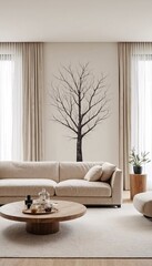a neutral-toned living room with beige sofa and coffee table.