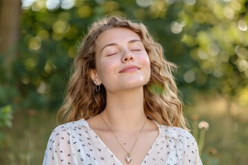 Young woman enjoying nature with closed eyes, sunlight shining through leaves, peaceful expression, outdoor serenity