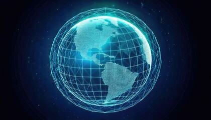 Naklejka premium A digital globe visual featuring a grid and blue glowing elements, representing global connectivity and technology.