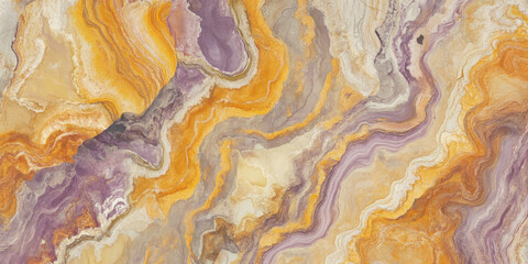 Fototapeta premium A non-seamless abstract texture featuring swirling waves of burnt orange, sunshine yellow, and pastel lilac, resembling natural stone formations.