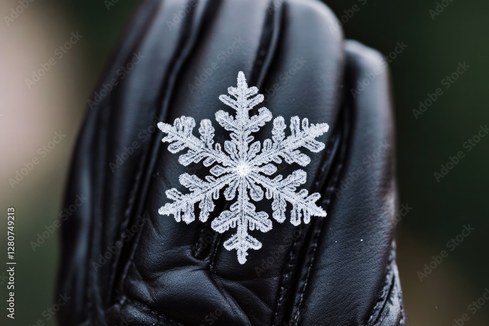 Poster a detailed view of a single snowflake resting on the back of a gloved hand