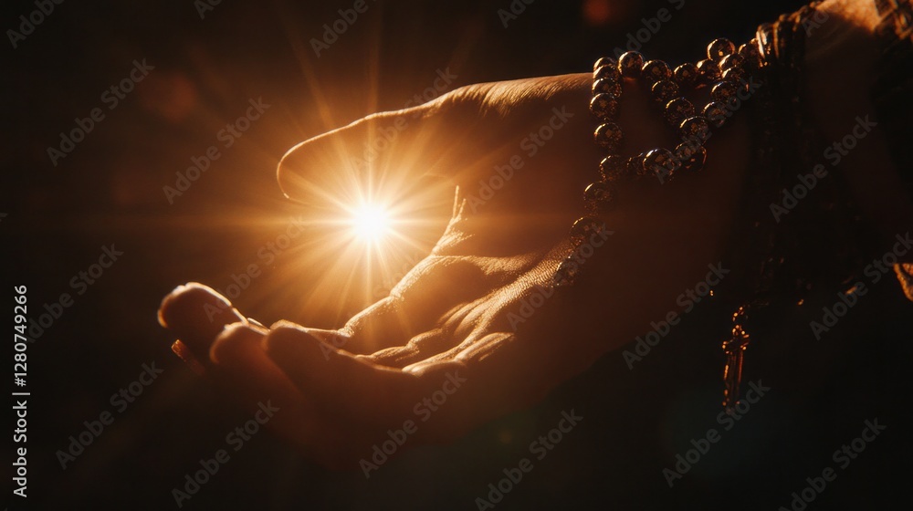 Poster soft light shines through the fingers clasping prayer beads, creating a calming atmosphere. this pea