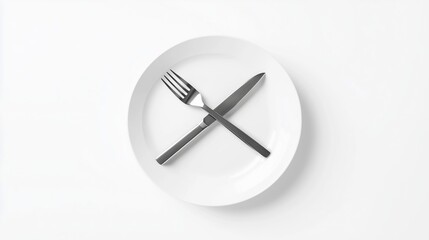 Empty white ceramic plate with crossed stainless steel knife and fork on clean background ready for dining experience