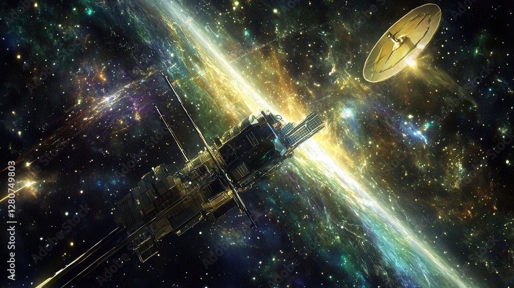 Poster spacecraft designed for high-precision astronomical observations, featuring an array of telescopes, 