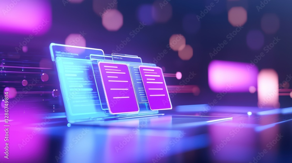 Poster futuristic digital interface with neon holographic displays and abstract background