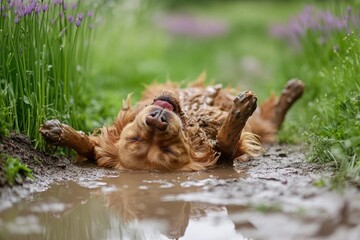 A happy dog having fun in a puddle of water