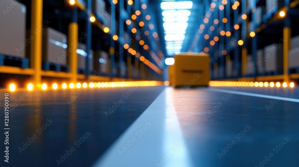 Poster automated warehouse with robotics and shelving under illuminated lighting