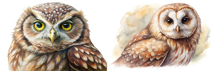 Realistic owl illustrations, detailed feathers, vibrant eyes, watercolor style, nature artwork, wildlife decor.