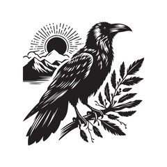 Raven bird Silhouette Vector Illustration, Solid White Background.