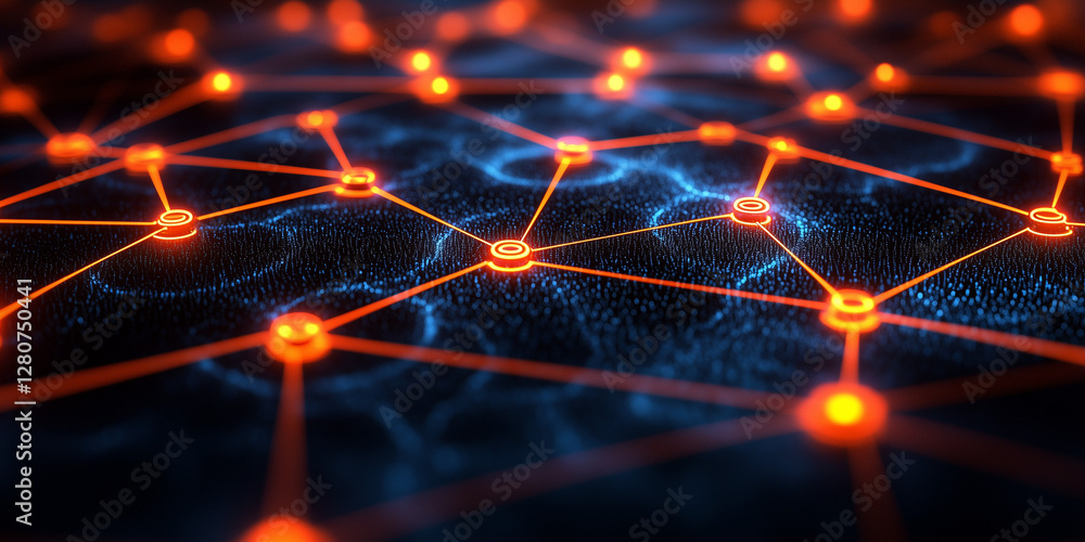Poster interconnected nodes of glowing color light on a dark background, forming a network. represents conn
