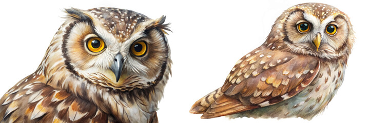 Realistic owl illustrations, detailed feathers, vibrant eyes, wildlife art, nature depiction, educational purpose.