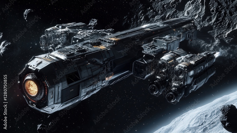 Poster spacecraft that can harvest and process resources from asteroids. it has a modular, industrial desig