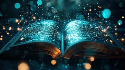 Open book with glowing data particles and magical sparkles, symbolizing knowledge, discovery, and technology in a vibrant blue atmosphere