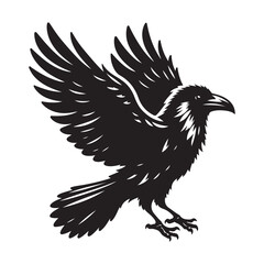Raven bird Silhouette Vector Illustration, Solid White Background.