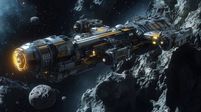 spacecraft that can harvest and process resources from asteroids. It has a modular, industrial design with retractable arms for mining and storing materials.