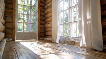 Fototapeta premium Serene Interior of a Rustic Log Cabin with Bright Sunshine Streaming Through Windows and Soft Drapes