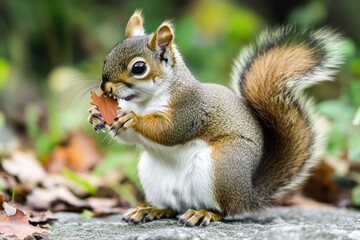 A squirrel sitting on a rock, eating a leaf