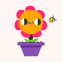 Cute flowers in the pot with bee. Mascot. Trendy vector illustration.
