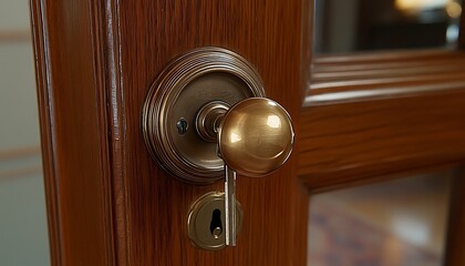 Obraz premium Close-up of a decorative wooden door with brass door hardware. Interior view. Suitable for home design, architecture, or furniture catalogs