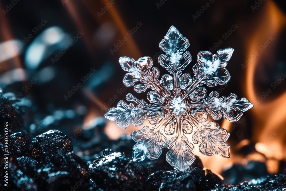 Poster a detailed view of a unique snowflake on a dark background