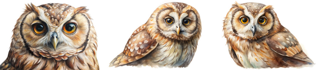Realistic owl illustrations, detailed feathers, vibrant colors, nature art, wildlife portrait, artistic style, educational purpose.