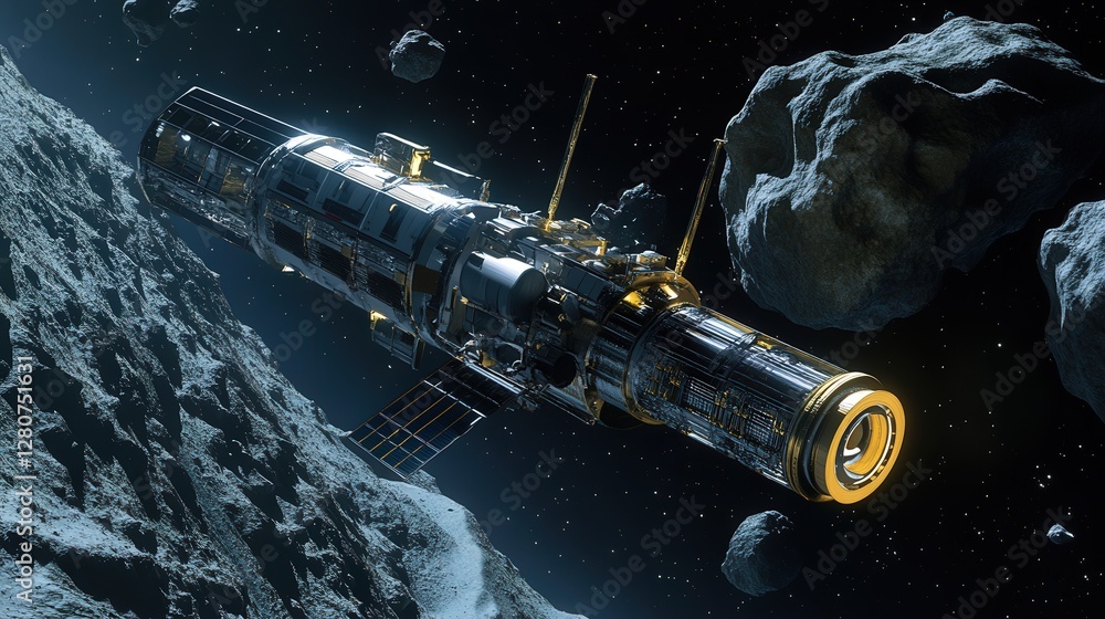 Poster spacecraft that serves as a mobile factory for processing resources found on asteroids, capable of p